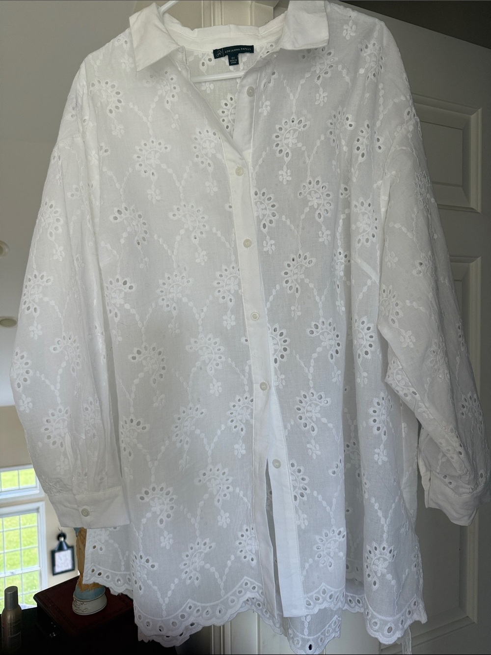 Adrianna Papell white eyelet button down blouse with floral embroidery. 2X
